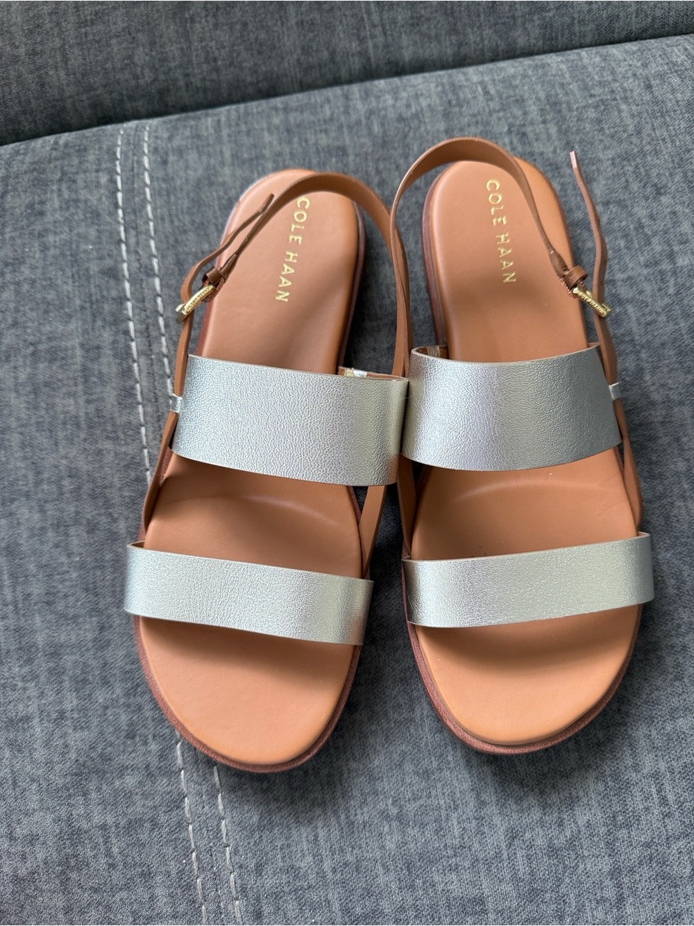 Cole Haan Silver Double-Strap Slingback Sandals with Tan Footbed